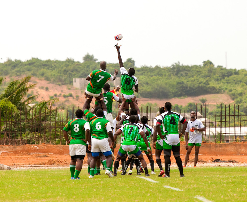 Nigeria and Ivory Coast competes in a lineout on the Nduom Sports Stadium